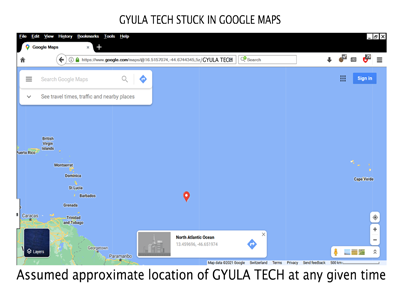 Stuck in Google Maps...and assumed approximate location of GYULA TECH at any given time.  GYULA TECH OffShore...Beat books prods.  For your consumption pleasure...